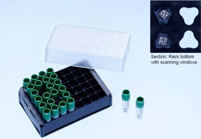 CRYO.S™ DATAMATRIX rack da 48 posti senza coperchio per vials CRYO.S™ 1,2,4,5 ml confezione 5 x4 pe