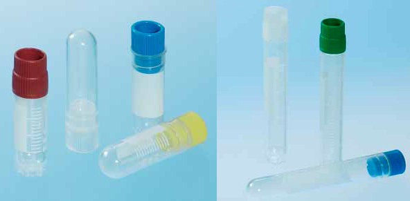 Vials CRYO.S GREINER sterili, no banda scrittura, fondo conico con base d'appoggio 1 ml 12,5x42 colo